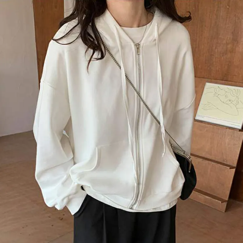 Lucyever cor sólida estilo coreano hoodies mulheres moletom mola zipper manga comprida pulôveres mulher casacos casuais 210521