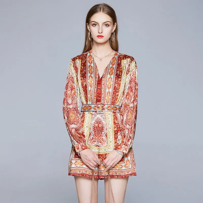 Bohemian Printed Female Playsuit Romper Women Sexy V-Neck Lantern Sleeve Sashes Pocket Loose Jumpsuits Summer Ladies Overall 210514