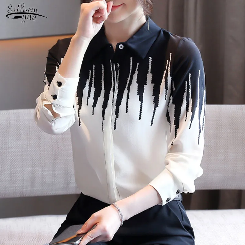 Printemps bureau dame à manches longues bouton Cardigan femmes chemises noir et blanc en mousseline de soie Blouse imprimer dames vêtements 11052 210521