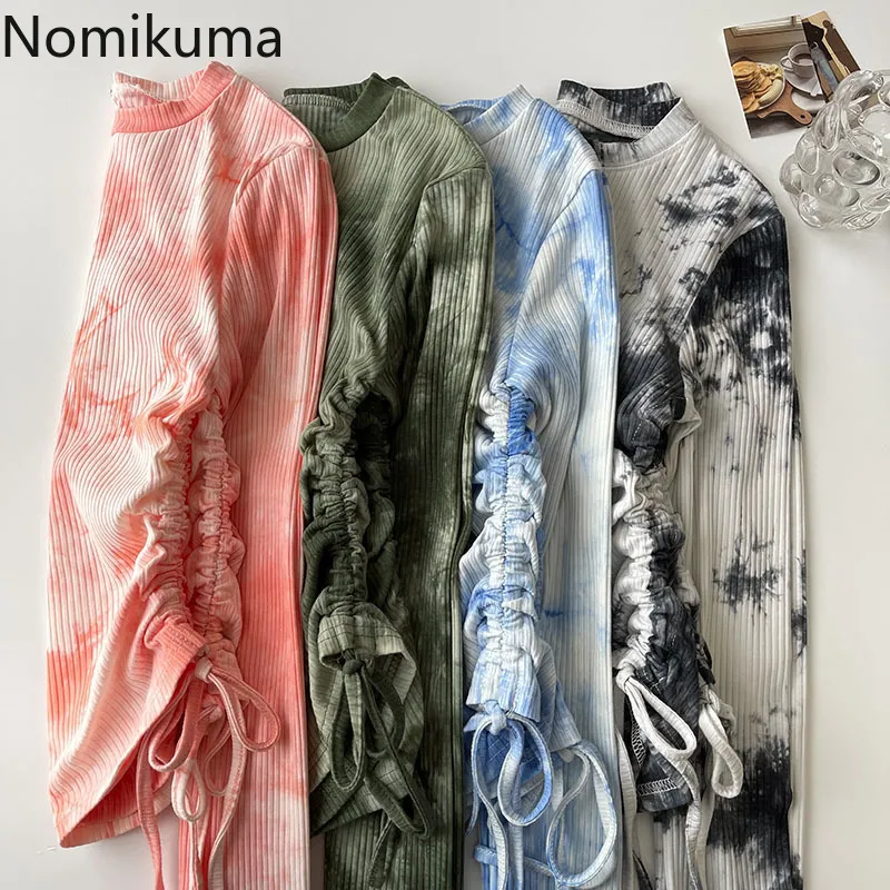 Nomikuma Tie Dye Drawstring Slim Shirts Voor Vrouwen Lange Mouw O-hals Grafische T-shirts Lente Nieuwe T-shirt Feminimo's Tee 6F969 210427