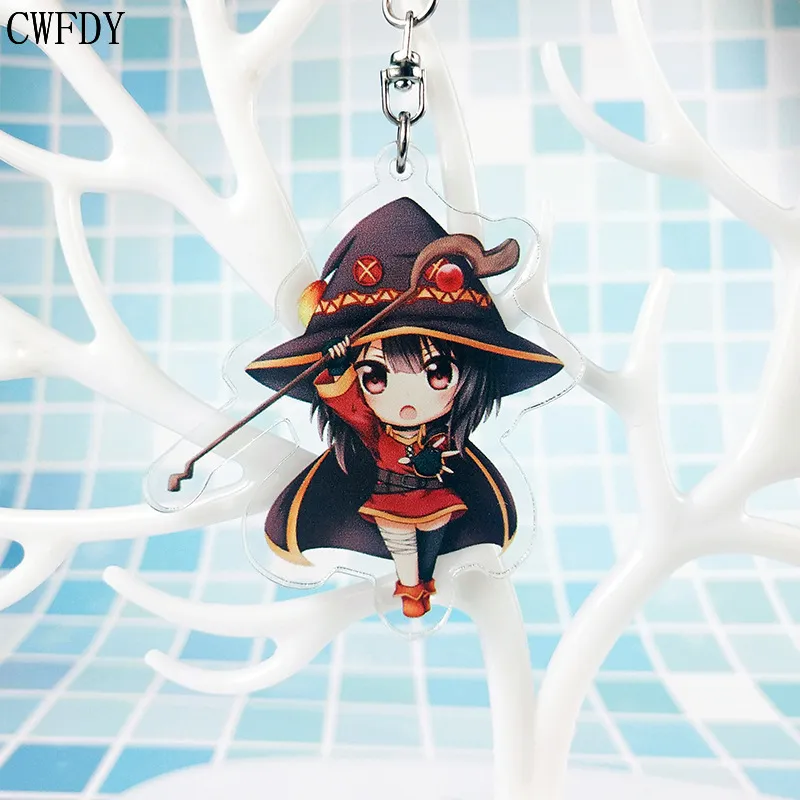 새로운 Konosuba 열쇠 고리 여자 Anime Megumin Aqua Darkness Yunyun Kazuma Arcylic 열쇠 고리 쥬얼리 For Kids Gifts Metal Chaveio