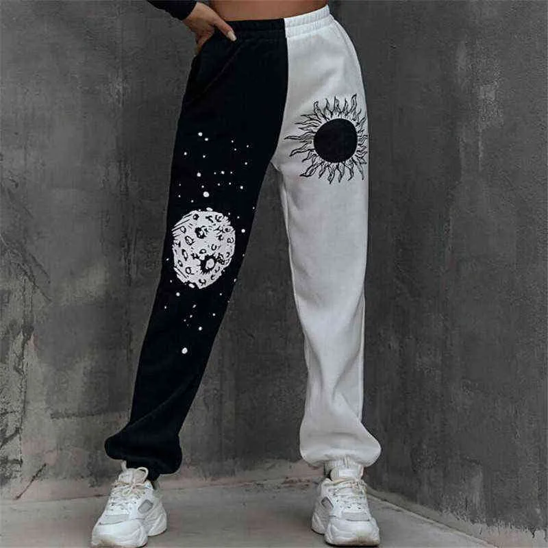 Kvinnor Sun and Moon Print Graffiti Elastiska midja Sweatpants Patchwork Byxor Höstficka Overell Casual Streetwear Joggers 2021 Y211115