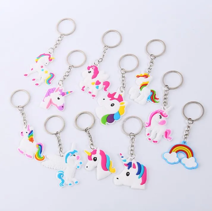 16 stijlen Cartoon Unicorn Sleutelhanger PVC Zachte Rubber Doll Hanger Sleutelhangers Rainbow Paard Handwerk Accessoires Hanger Sleutelhanger