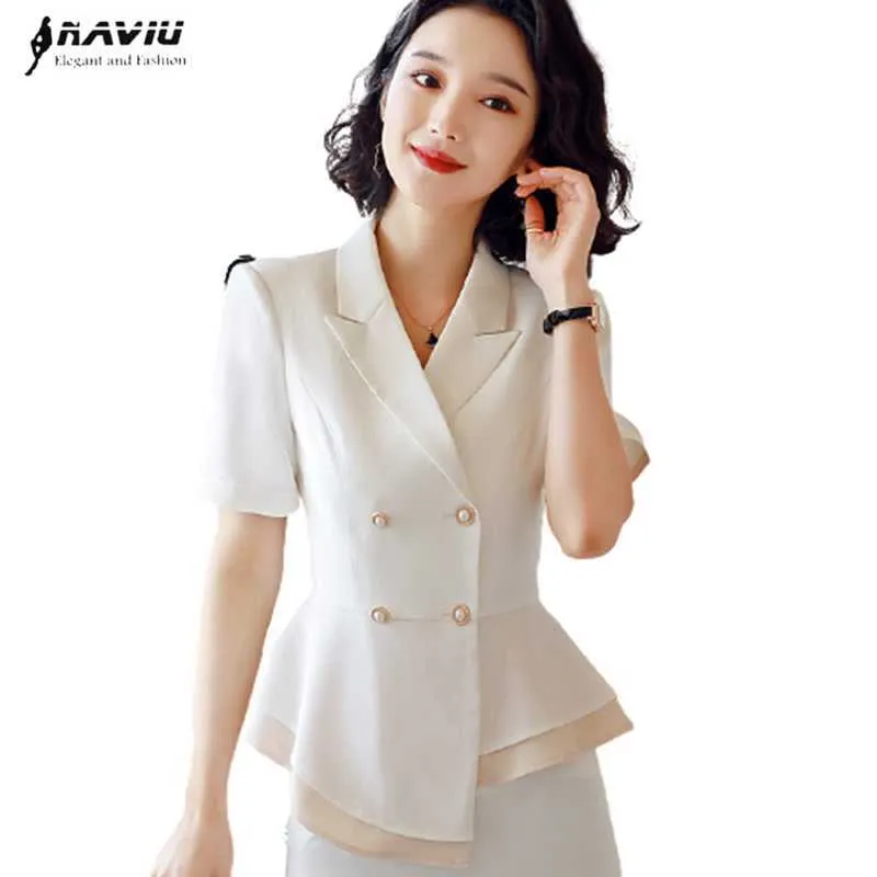 High-End Professional Blazer Women Summer Formal Short Sleeve Hem Ruffle Slim Jacket Office Ladies Work Clothes 210604