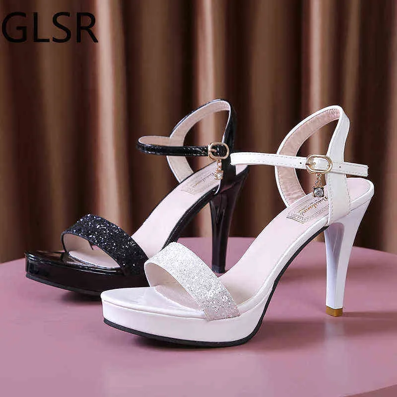 Seksi Kadınlar Siyah Glitter Sandalet Yüksek Topuklu Platformu Ayak Bileği Kayışı Yaz Gladyatör Ayakkabı Kadın Parti Düğün Pompaları 2020 H1126