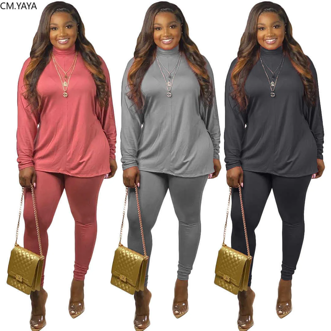 CM.YAYA High Streetwear Women's Set Two Piece Set Turtleneck Long Sleeve Tops Pencil Pants Suit Tracksuit Matching Set Outfit Y0625