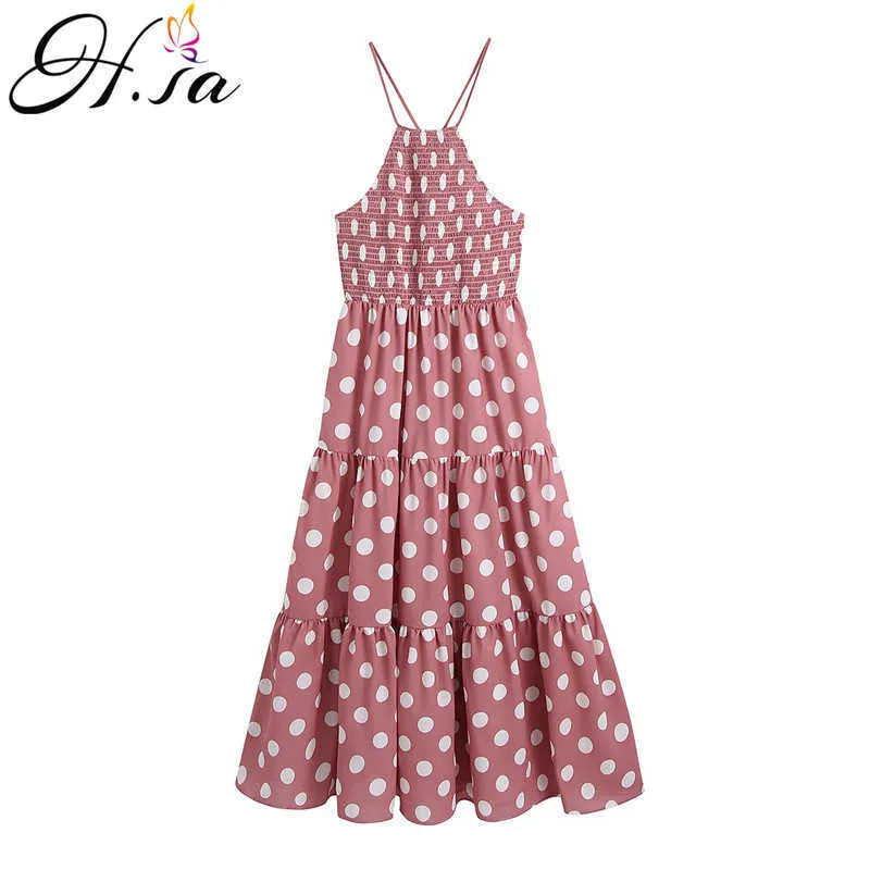 Hsa Fashion Polka Dot Print Dress Women High Waist Sashes Summer Dress Sleeveless Halter Elastic Bohemian Midi Dresses 210716