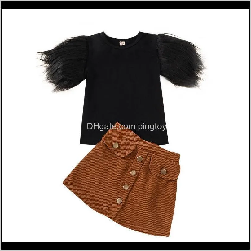 fashion toddler kid girls outfits feather sleeve round neck t shirt tops brown buttons skirt girls clothes sets1