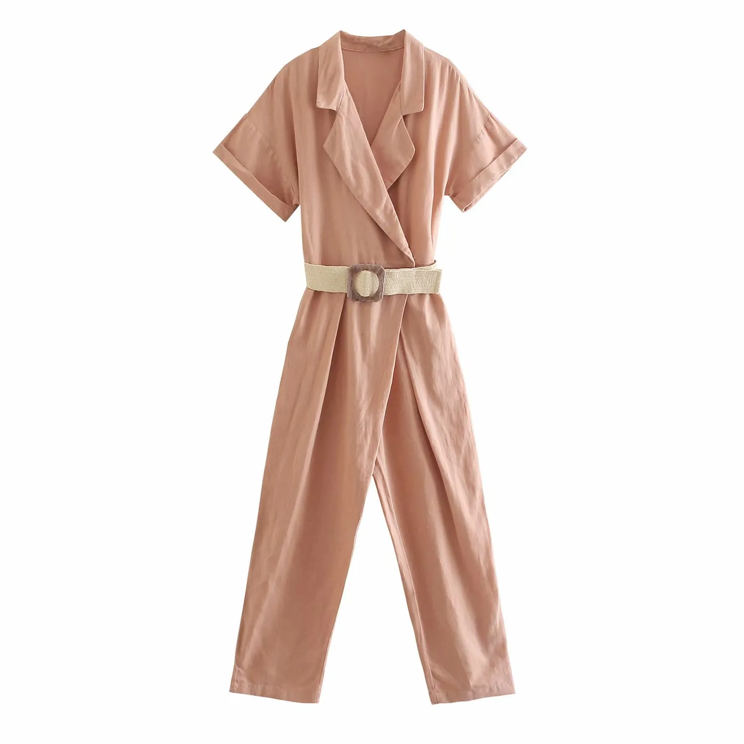 Spring Women Jumpsuit Belt Notched Collar Jumpsuits Female Fashion Casual Clothes 210517