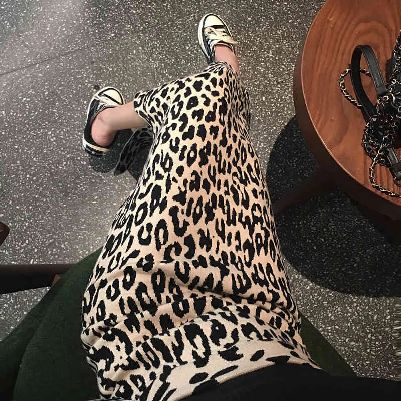 Ранняя весна длинная щель вязаный леопард юбка женщин высокая талия Sexy 210429