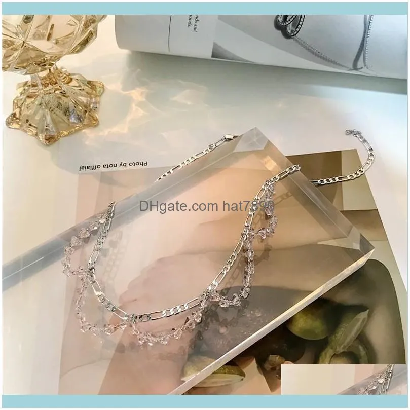 Ins wind net red silver thin wave multi-layer crystal necklace female clavicle hip-hop fashion short chain