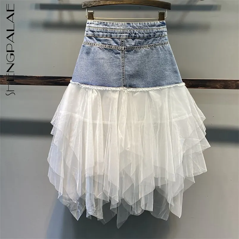 Irregular Mesh Patchwork Denim Skirt Women's Spring High Waist Showing Thin Fairy A-line Trend 5B249 210427