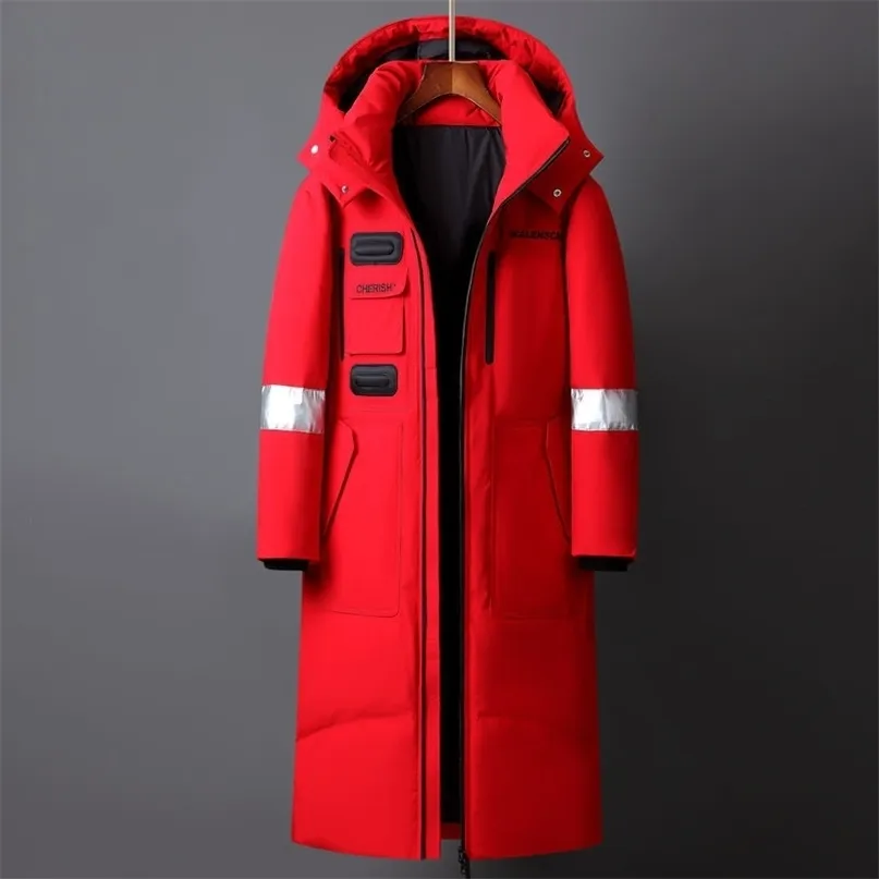 Winter Men Long White Duck Down Jackets Hooded Fashion Thicken Warm Overcoats Loose Down Coats Man Parkas Black Red White 211023