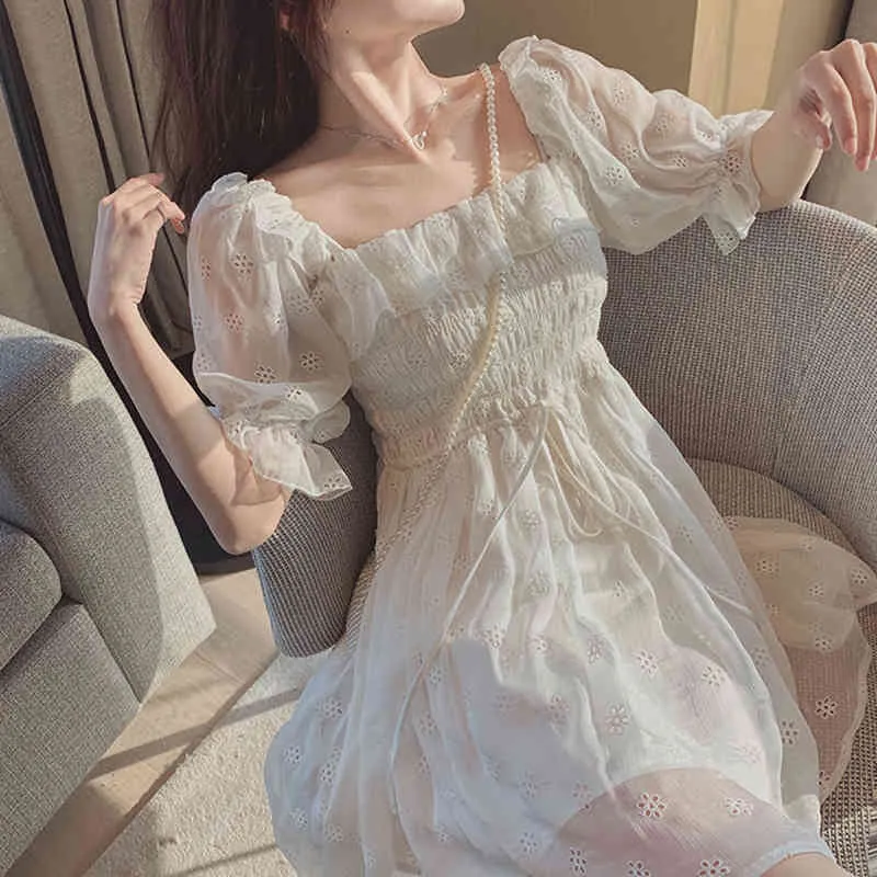 Lucyever sommar vit puff kort ärm klänningar kvinnor koreansk söt kvadratiska nacke fairy klänning mode mesh chiffon vestidos kvinna 210521