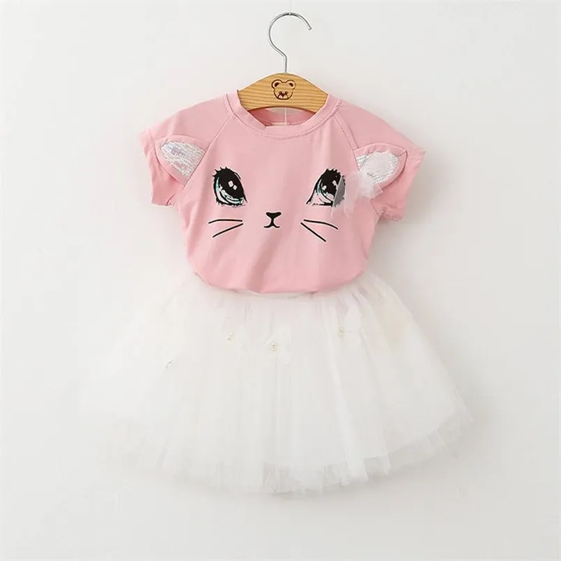 T-shirt Summer Lovely Cat e camicia in tulle con farfalla applicata per ragazze Dreesess a maniche corte 210528