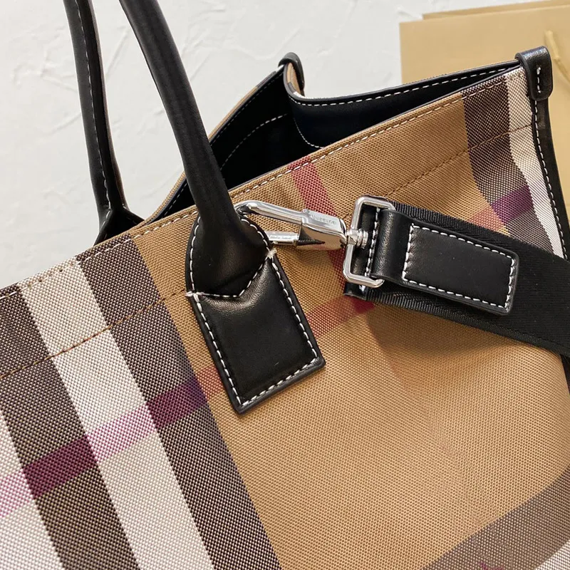 Shopping Bag Tote Bags Women Shoulder Handbag Large Capacity Striped Canvas Purse Leather Handbags Adjustable Wide Shoulder Strap Inside Zipper