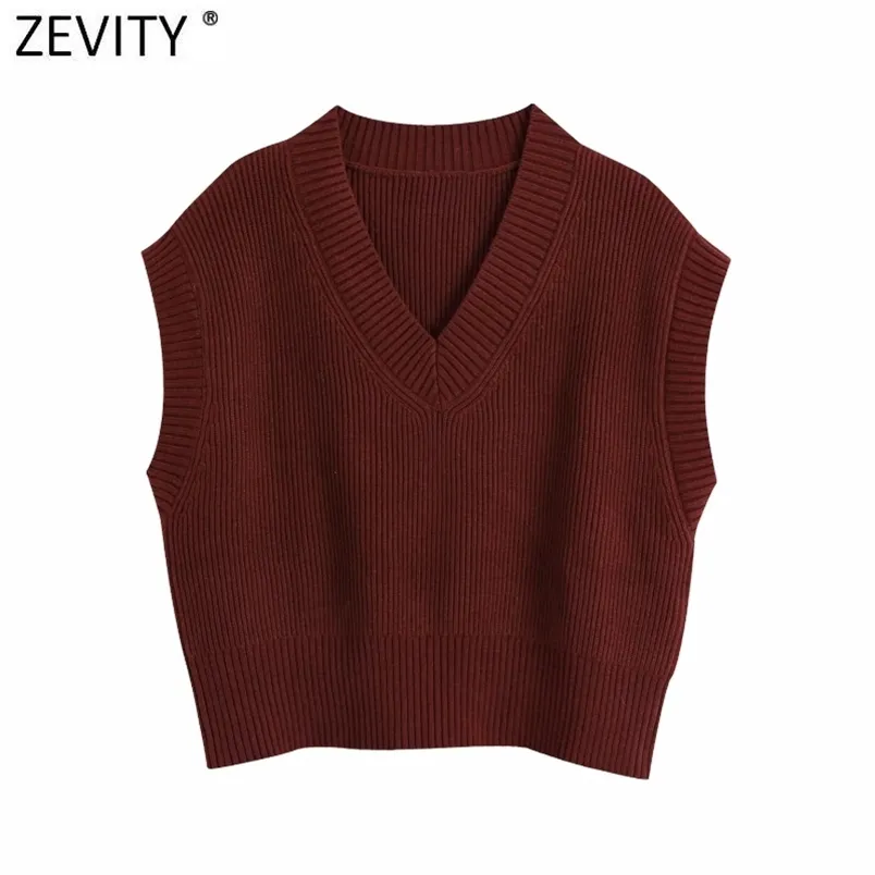 Spring Women Fashion V Neck Solid Färg Casual Ärmlös Vest Knitting Sweater Chic Lady Leisure Vin Röda Toppar S562 210420