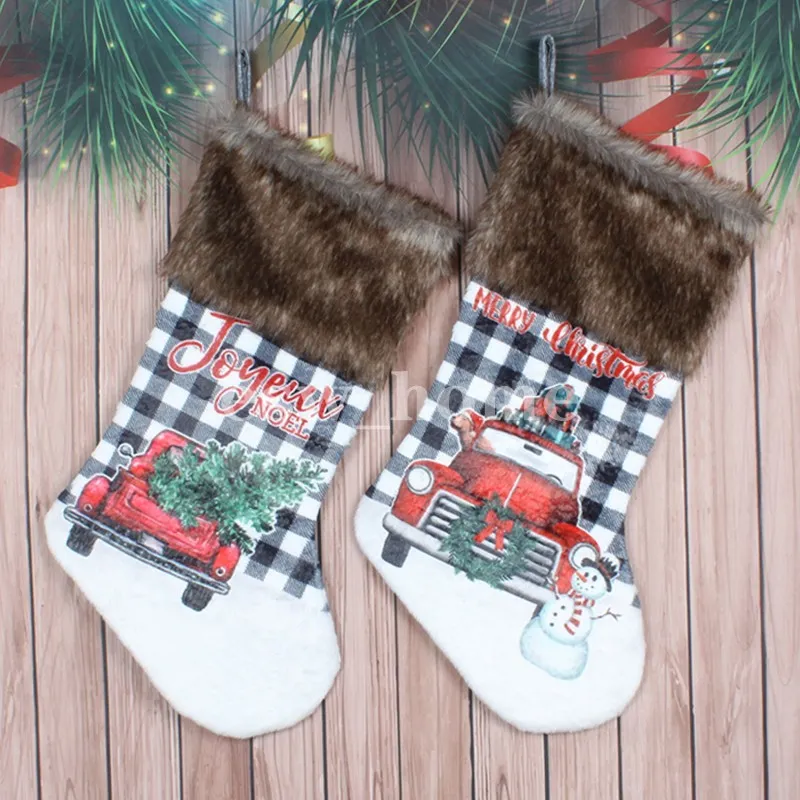 Plaid Christmas Stocking Pullinng Trees Car Red Truck Sock Xmas Party Ornaments Noel child Gift bag