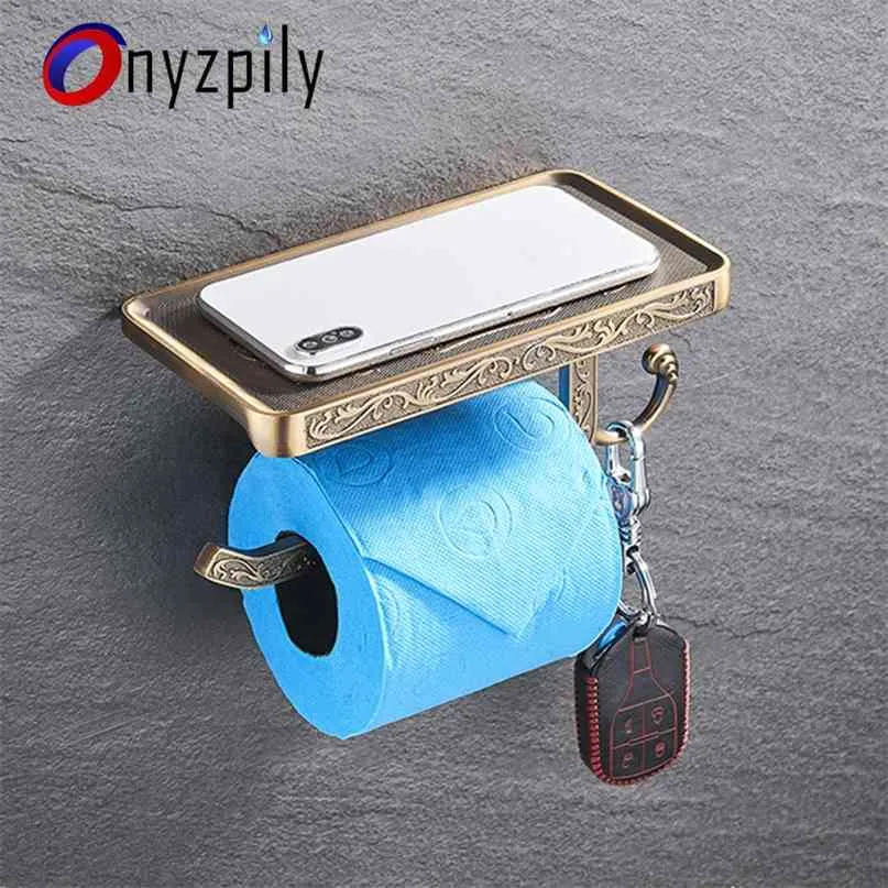 Onyzpily Antique Carved Zinc Alloy Bathroom Paper Mobile Phone Holder With Shelf Towel Rack Toilet Tissue 210720