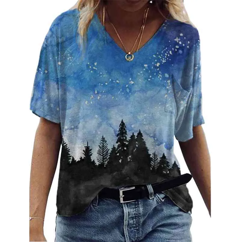 Oversize Femmes T-shirt D'été Casual Paysage Imprimer Streetwear Col En V À Manches Courtes Poches Lâche Tee Tops Plus La Taille Dames Tees 210517