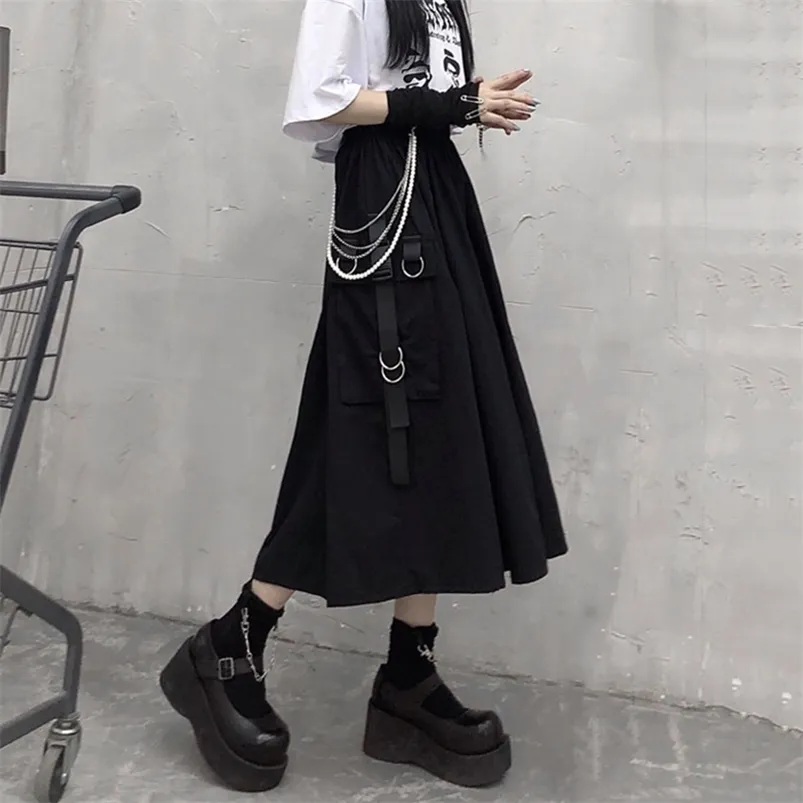 Gothic High Cintura Cintura Saias Mulher Harajuku Loose A-Linha Pocket Midi Long Saia Preta Hip Hop Moda Streetwear 210721