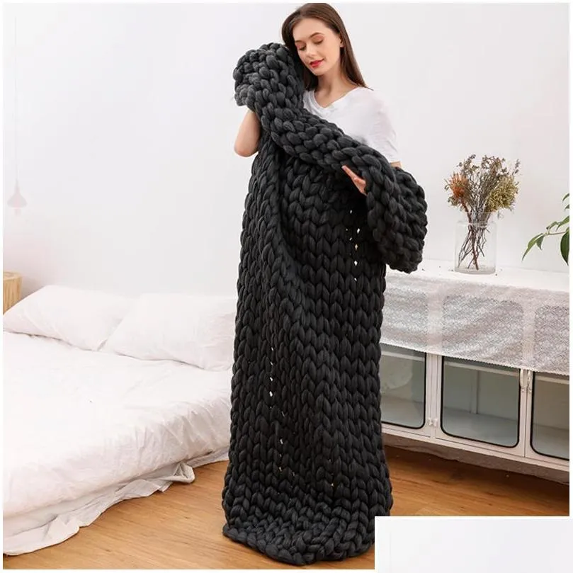 hot winter handmade knitting soft warm thick yarn knitted blanket home bed decor