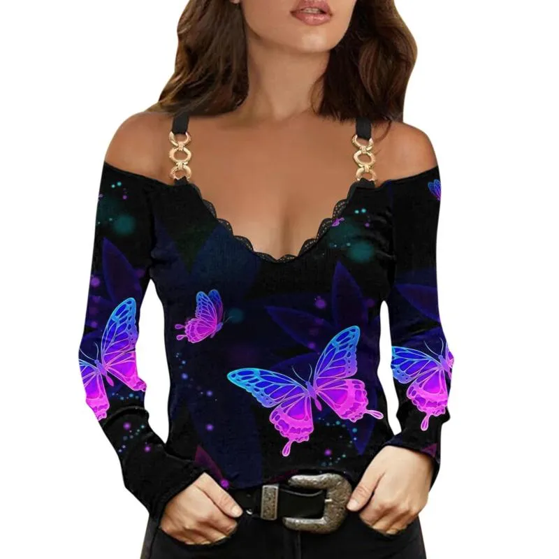 Women's Blouses & Shirts Women Sexy V Neck Cold Shoulder Lace Tops Gradient Butterfly Print Y2k Woman Blusas Long-sleeved Fashion Clothing