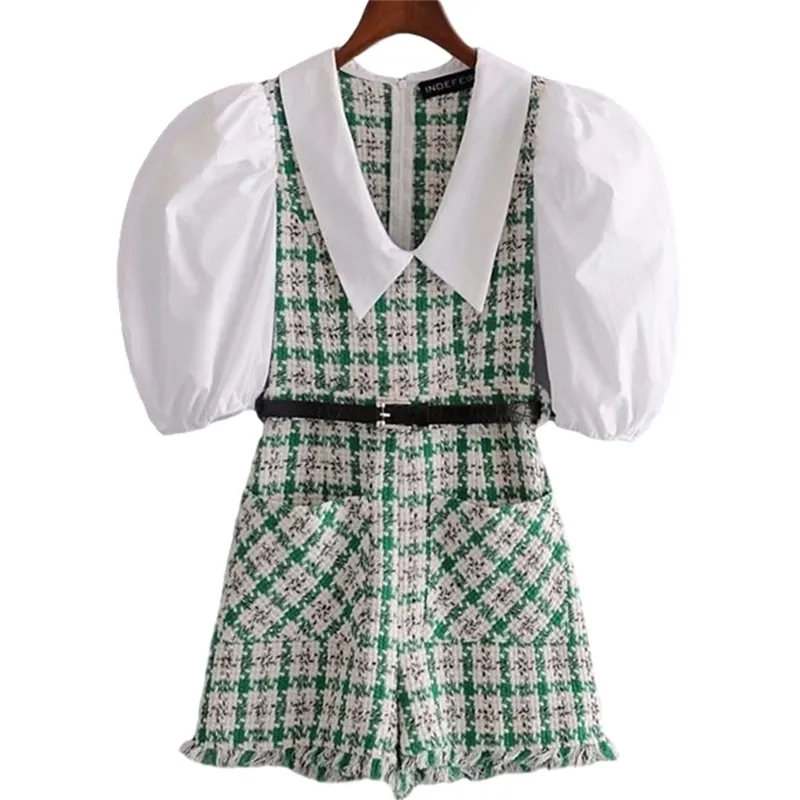 Macacão de tweed feminino elegante moda feminina verde xadrez streetwear macacão de bolso doce feminino macacão chique 210520