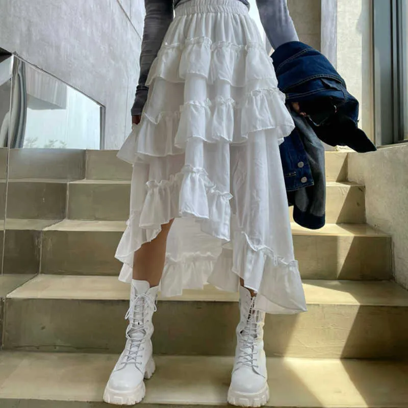 Midi Long Skirts Womens Maxi Skirt Goth Lolita Summer High Waisted Asymmetrical Low Ruched Ruffle Rok Korean Style 210529