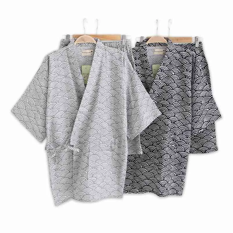 Einfache Welle 100 % Baumwolle Shorts Pyjamas Männer kurze Ärmel Nachtwäsche japanische Kimono Pyjamas Sets Shorts Hause Bademäntel Bedgown 210901