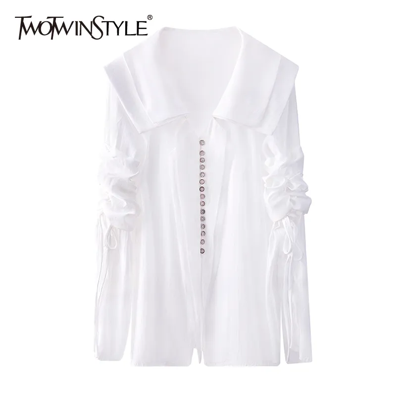 Biały przypadkowy luźny sznurek koszule dla kobiet żeglarz kołnierz z długim rękawem ruched szczupły bluzki żeńska wiosna 210524