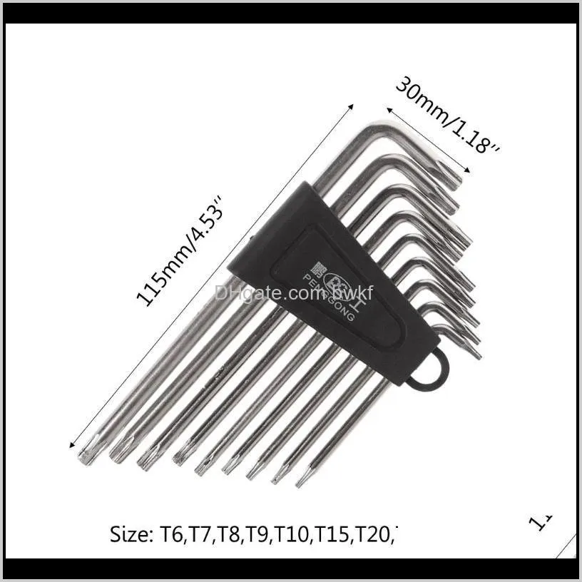9pcs l-shape hex key set torx star hex wrench tool set with holes hardware tool kit - silver + black clip t6,t7,t8,t9,t10,t15,t2