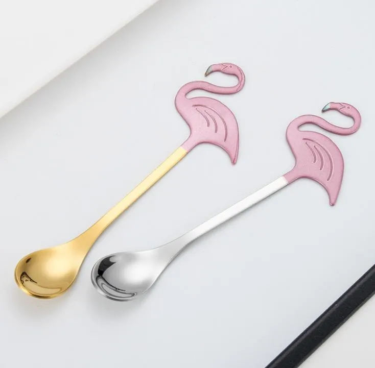 304 Stainless Steel Coffee Mixing Spoon Long Handle Flamingo Spoons Flatware Titanium Coating Baking Paint Coffee-Drinking Tools Kitchen Gadget SN2917