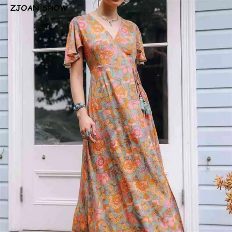 Kvinnor Vintage V Neck Camellia Kortärmad Orange Blommig Print Wrap Dress Retro Lacing Up Waist Maxi Long Boho Klänningar 210429