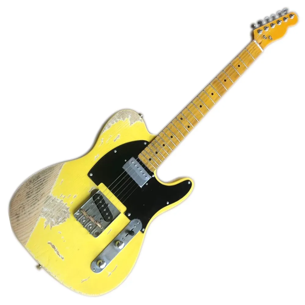 6 Saiten Relikte Gelbe E-Gitarre mit Aschekörper, Ahorn-Griffbrett, weißer Pickguard