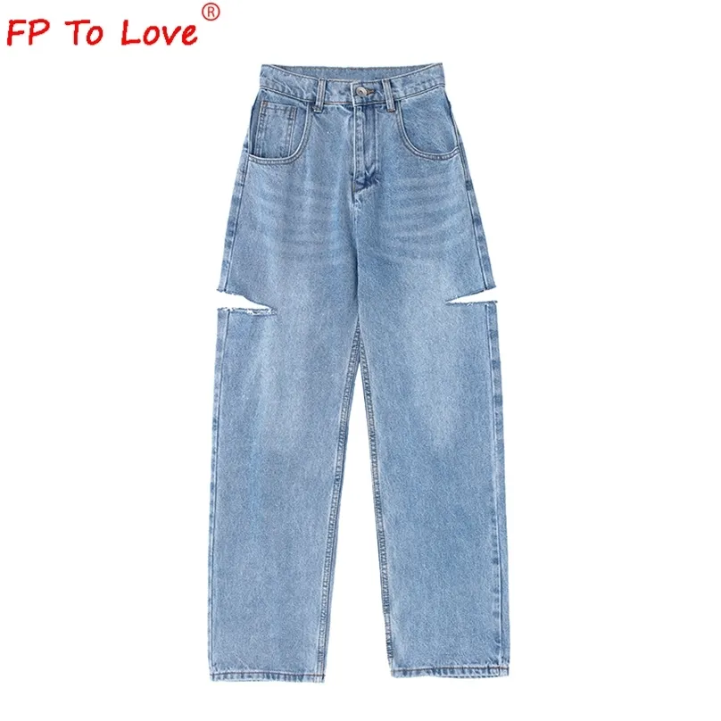 FP att älska kvinna design jeans våren höst gata stil rippad skär full längd hög midja ljus blå dragkedja breda benbyxor 210922