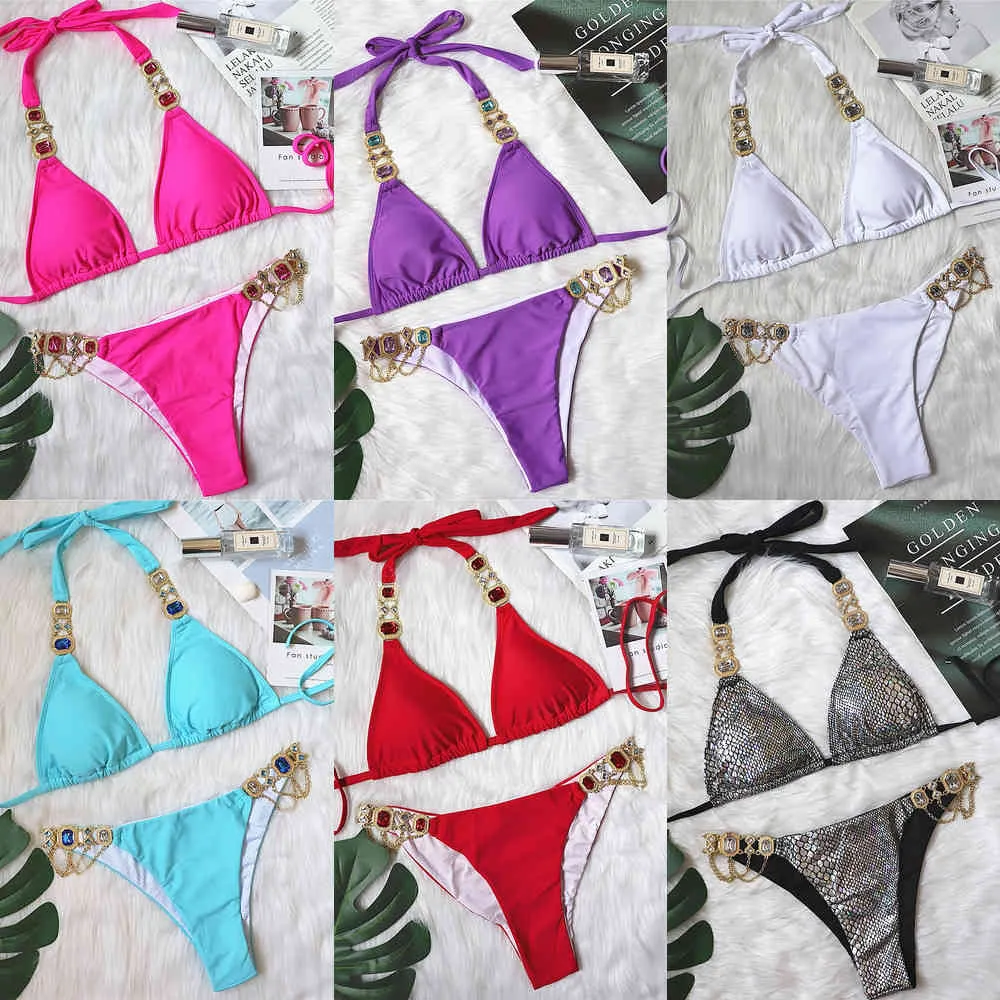 2020 Rhinestone Baddräkt Kvinnor Bikinis Crystal Diamond Bikini Set Halter Bandage Lace-up Badkläder Kvinna Lyx Swimming Suitx0523