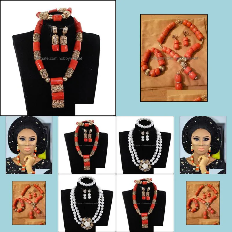 Genuine Necklace for Brides Nigerian Wedding African Coral Jewelry Set Gold Dubai Party Beads CNR319 C18122701