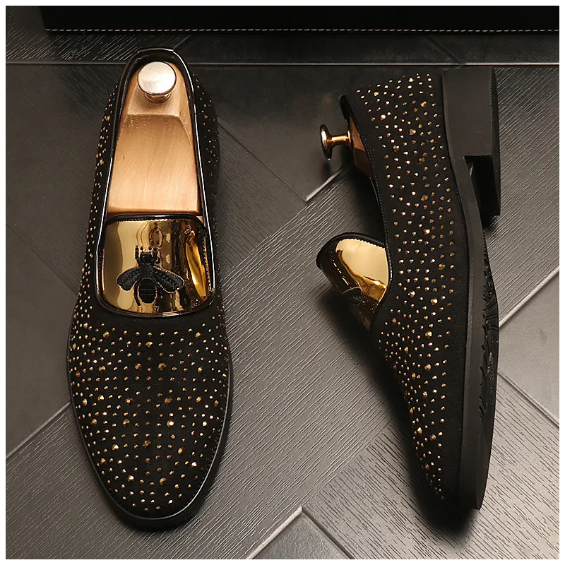 NEW Men embroidery skull Shoes Fashion black Gold Casual Flats Men`s Designer Dress Shoes Sequined Loafers Men`s Platform Driving Shoes 38-44