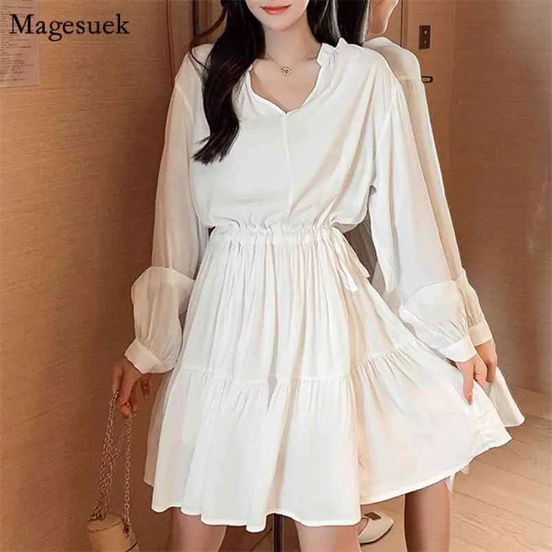 Plus Size Long Sleeve Black White Dress Women V-neck High Waist Loose Summer es V Neck Lace-Up Short Robe 11421 210512