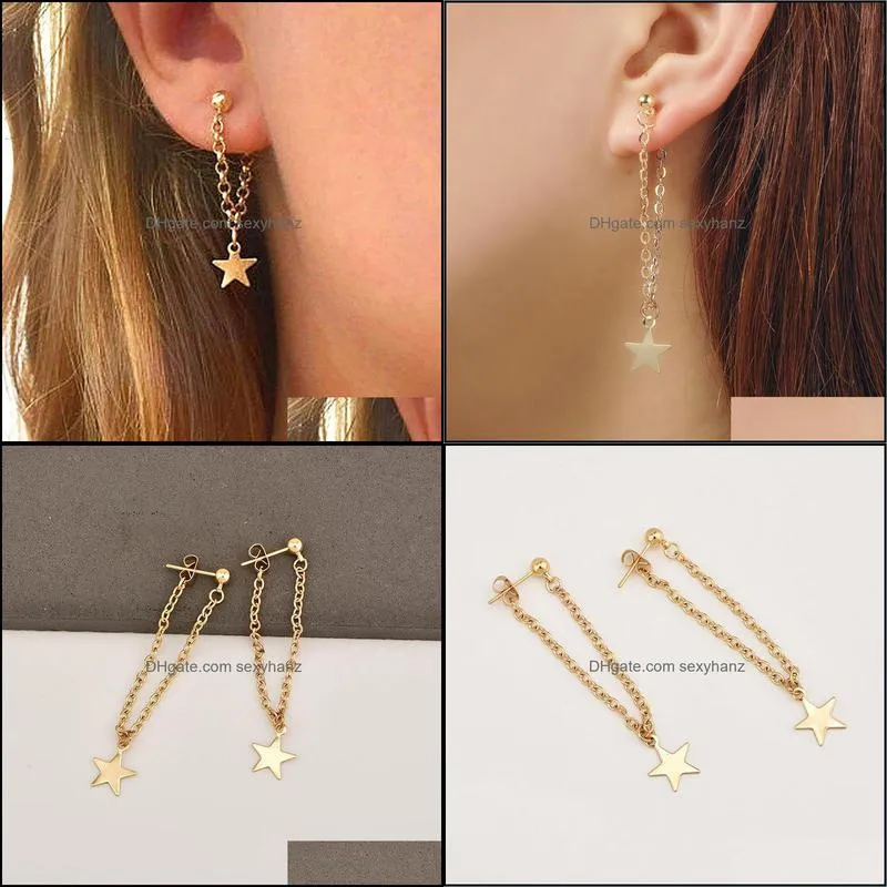 Fashion Simple Personality Pentagram Star Back Hanging Drop Earrings Korean Metal Chain Dangle Brincos Women`s Jewelry