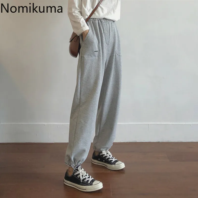 Nomikuma Rahat Moda Yüksek Bel Pantolon İpli Dantel Up Gevşek Sweatpants Cepler Kore Tarzı Pantolon Pantalones 3B339 210514