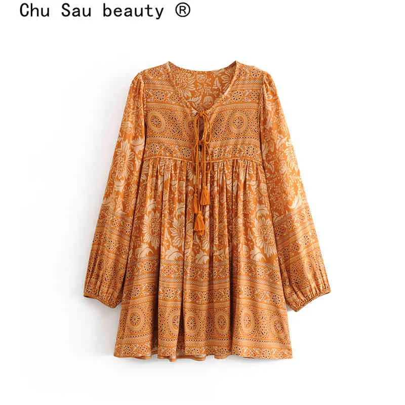 Chu Sau Beauty Boho花柄プリントMidi Dress女性ホリデイスタイル美しい弓タッセルドレススス女性vestido de Moda 210508