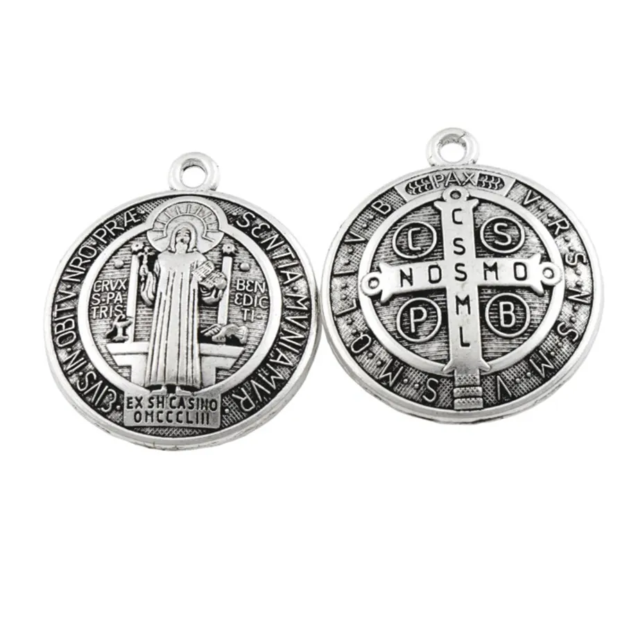 Katolicism rund 3d st Benedict Medal Antique Silver Cross Charm Pendants L1727 40.2X34.9MM Smycken Resultat Komponenter 12st / Lot