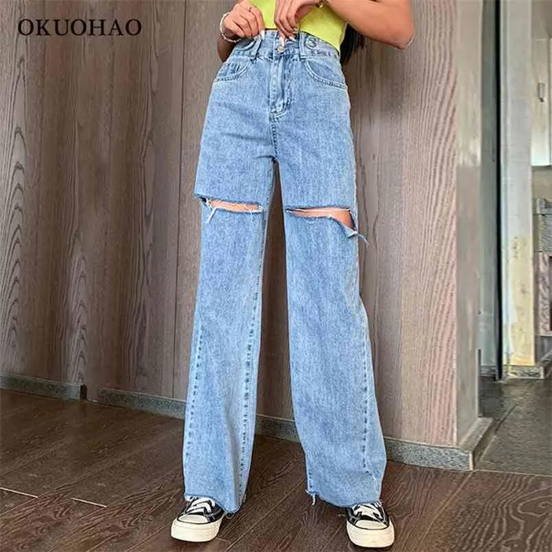 Jeans déchirés femmes lâche coupe droite pourri taille haute pantalon étaient minces jambes larges 100% coton vadrouille 210708