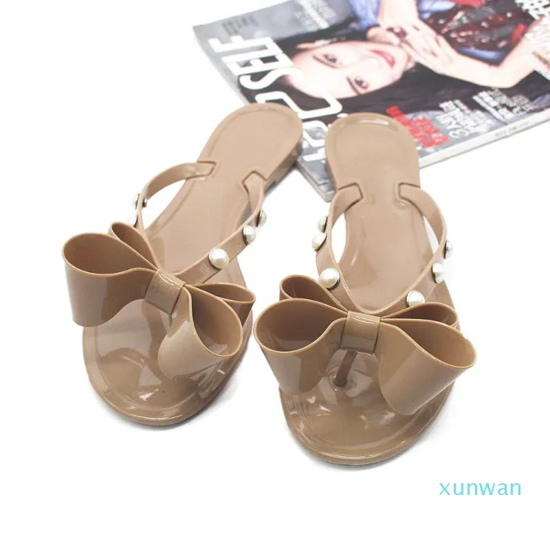 Trendy Women Sandals Bowknot Flip Flops Pearl Jelly Shoes Casual Flat Slippers Summer Beach Waterproof Rain