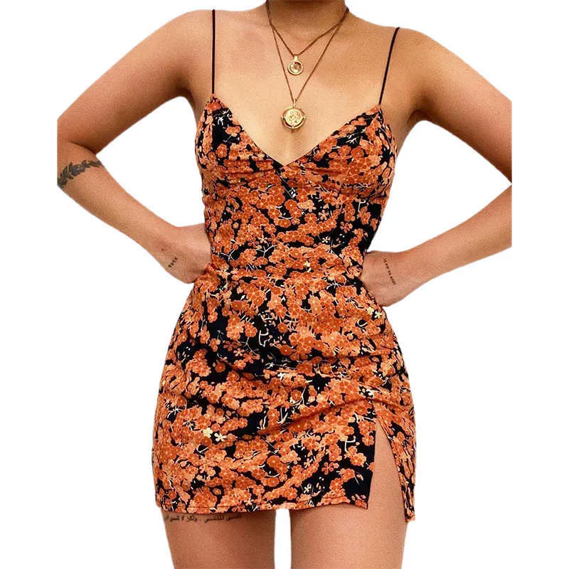 Kobiety Moda Spaghetti Strap Mini Dress Slip Sexy Slim Fit Bodycon Party Floral Print Slit Side Side 210716