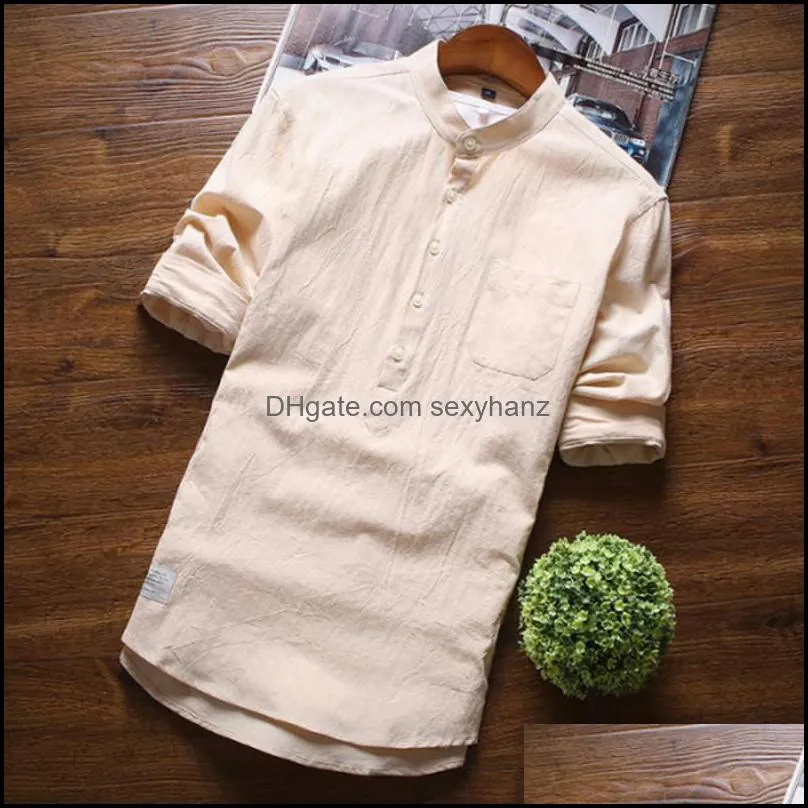 Men`s Casual Shirts 5 Color 2021 Cotton Linen Chinese Stand Collar Slim Three Quarter Fashion Solid Shirt S-3XL