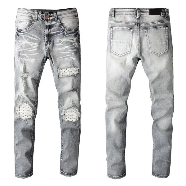 Herren-Jeans, Designer-Jeans, schwere Industrie, Löcher, zerrissen, blau gestreift, Vintage-Stil, Loch, modische Herren-Jeans, schlanke Motorrad-Biker-Freizeithose, W28–W40