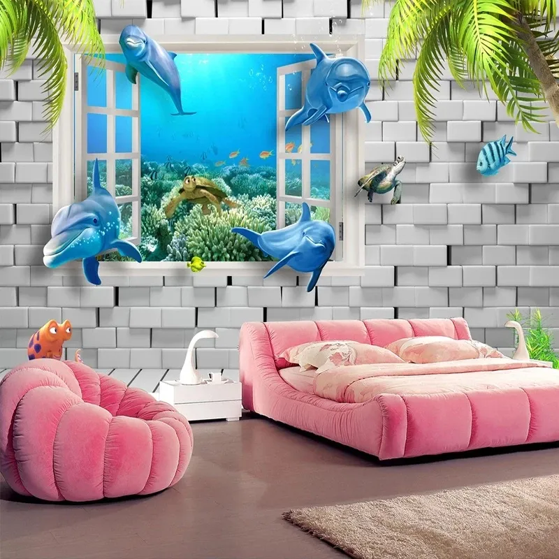 Custom Dolphin Underwater World 3D Stereoscopic Window Painting Living Room Children Bedroom TV Mural Waterproof
